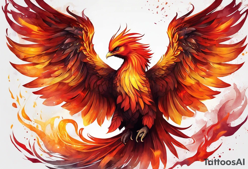 beautiful phenix, rising from fire and ash, signaling rebirth, renewal, beautiful, intricate, orange, red, deep red, bright orange, light yellow,. dark yellow, tattoo idea
