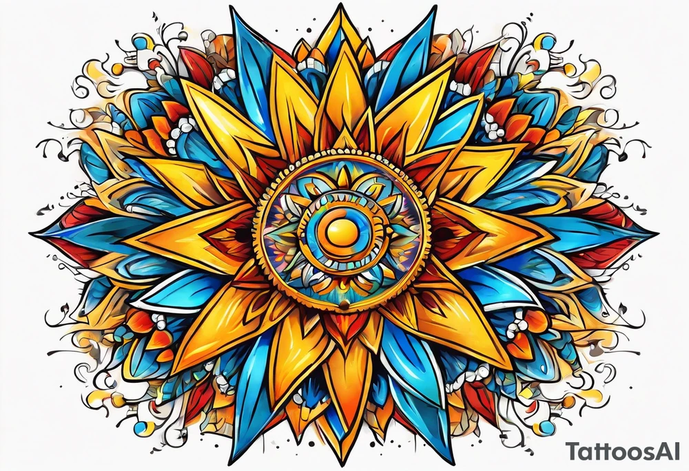 sunburst with yellow, orange, red, and blue colors tattoo idea