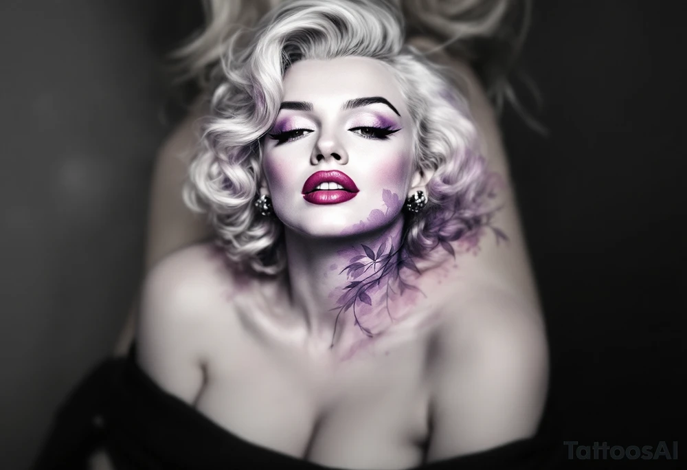 Glamour Marilyn Monroe shot in black and white with a soft purple gradient behind her head. tattoo idea