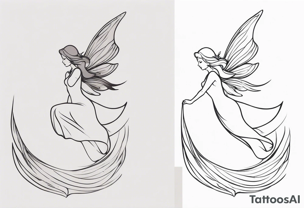 Minimalistic, monochromatic fairy with a tail flying to the left in a fetal position, leaning and looking in the same direction, with visible hands, embodying the 'Fairy Tail' logo aesthetic. tattoo idea