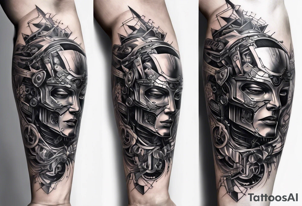 a robotic tattoo on the right arm tattoo idea