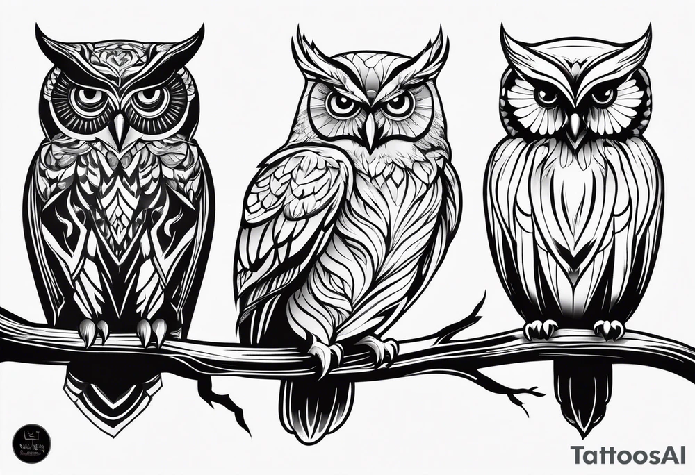 Three owl silhouettes with branch tattoo idea