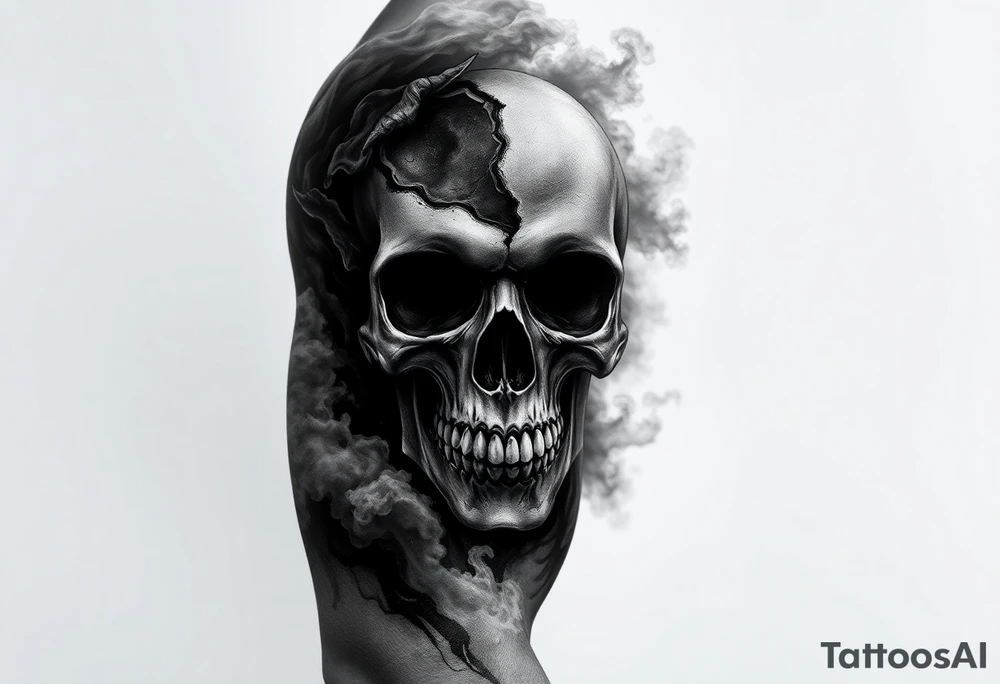 Abstract skull imagery blended into smoke and shadow, symbolizing fear used as a weapon, fragmented skull dissolving into mist, tactical darkness, psychological warfare theme, blackwork realism, dramatic contrast, tattoo design. tattoo idea