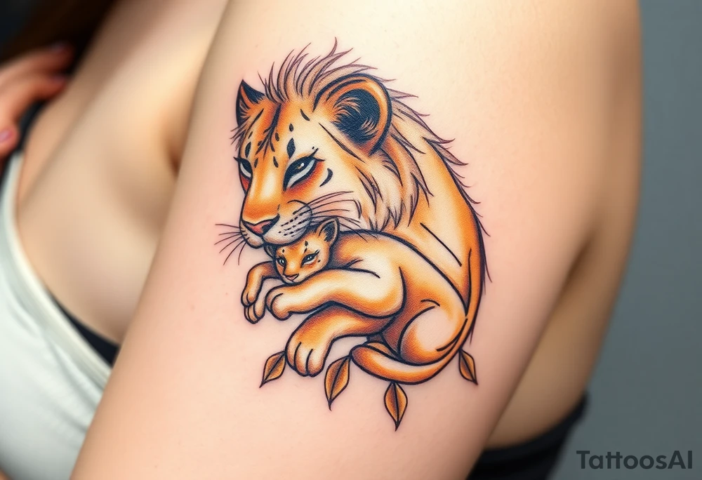 A lioness carrying her cub gently in her mouth, in rich golden and earthy tones, symbolizing fierce love and strength tattoo idea