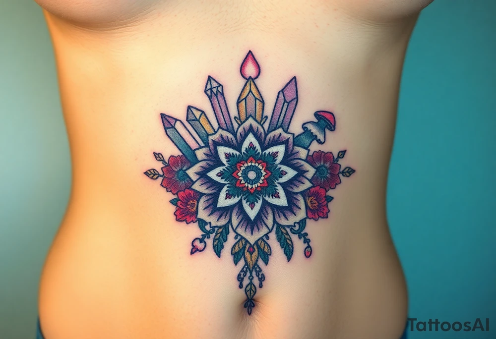 Boho  tattoo with crystals and  mandala style flowers and mushrooms under breast tattoo idea
