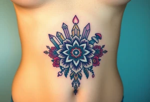 Boho  tattoo with crystals and  mandala style flowers and mushrooms under breast tattoo idea