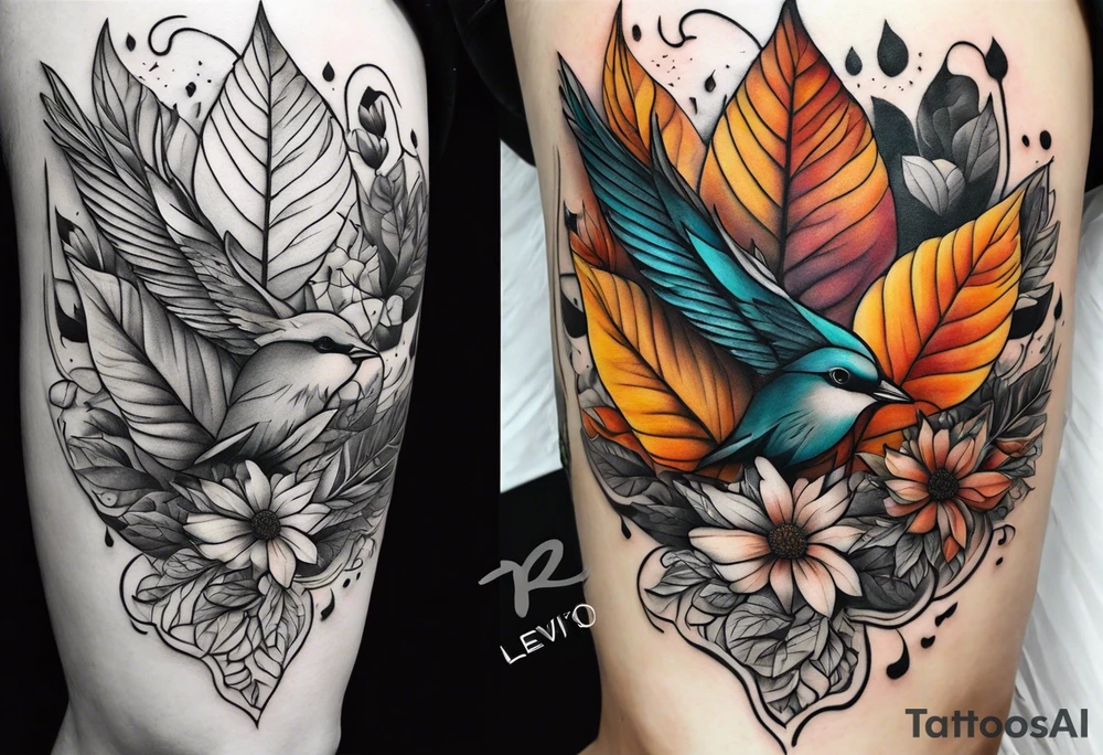 Front knee tattoo with fall colors, flowers, leaves, water flow tattoo idea