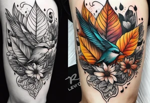 Front knee tattoo with fall colors, flowers, leaves, water flow tattoo idea