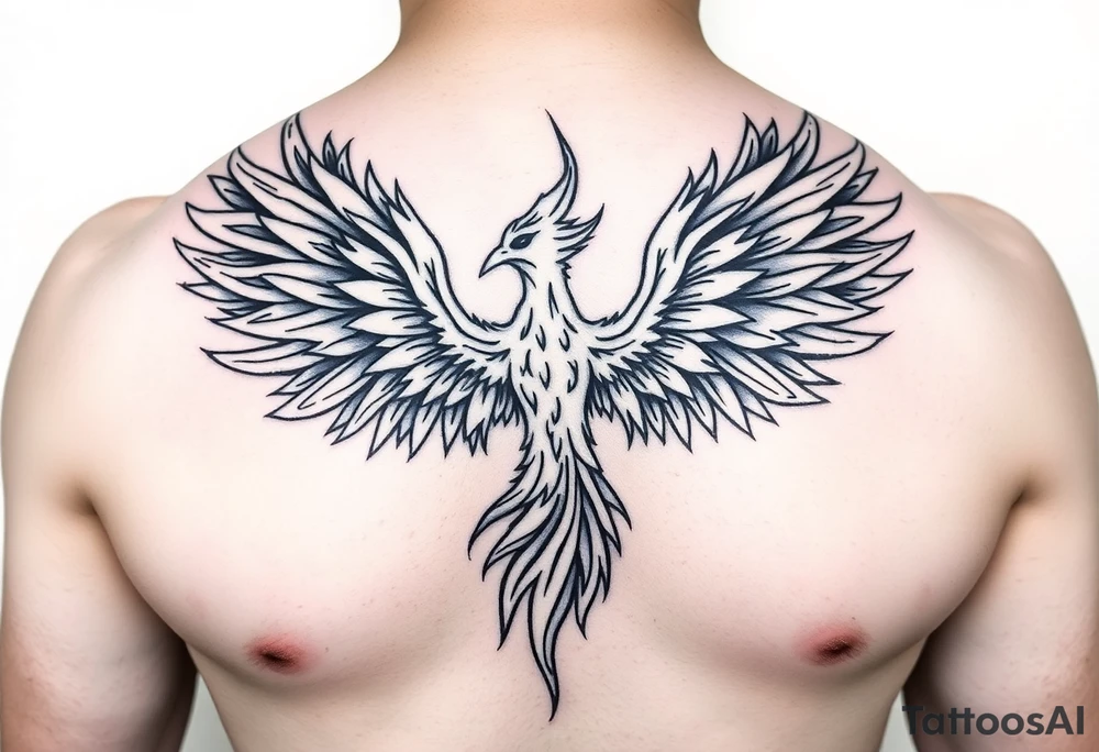 Realistic and symmetrical flaming Phoenix rebirth with spread low wings mapped onto chest tattoo idea