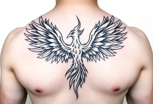 Realistic and symmetrical flaming Phoenix rebirth with spread low wings mapped onto chest tattoo idea