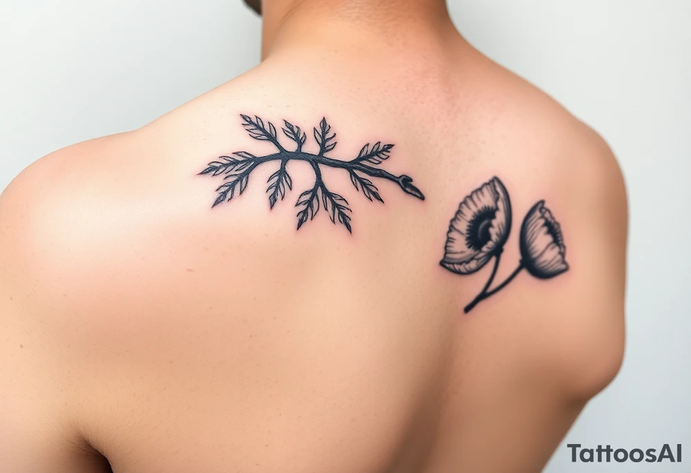 colored tattoo on the shoulder with the image of an oak branch and poppy seeds tattoo idea