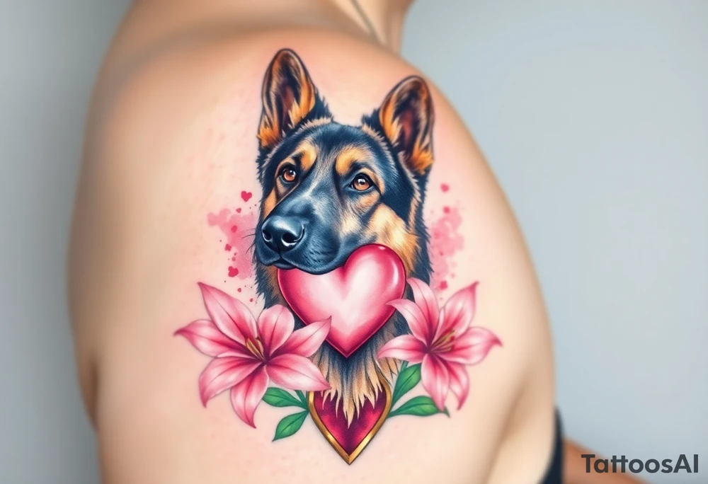 realistic german shepherd looking protective with pink lilies in front of a sacred heart tattoo idea