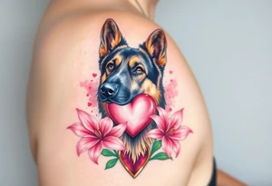 realistic german shepherd looking protective with pink lilies in front of a sacred heart tattoo idea