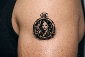 Realistic pocket watch with Margo's portrait inside, gears visible. tattoo idea