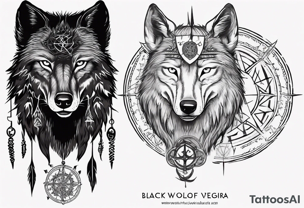 Black wolf with Vegvísir on its forhead tattoo idea