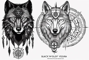 Black wolf with Vegvísir on its forhead tattoo idea