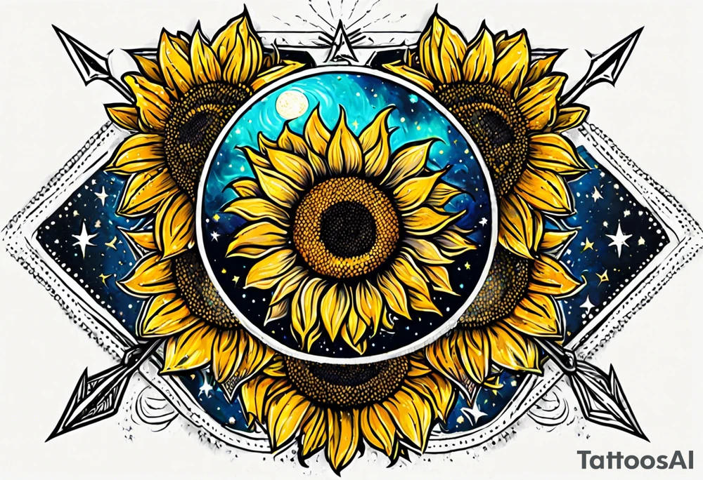 elegant tattoo with sunflower surrounded by cosmic stars and arrow tattoo idea