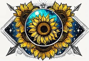 elegant tattoo with sunflower surrounded by cosmic stars and arrow tattoo idea