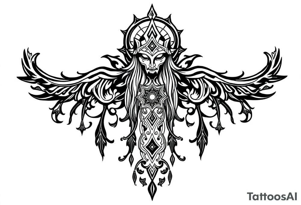 mystical dark and long ornament with shaman and witch style and ancient rhyme tattoo idea