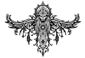 mystical dark and long ornament with shaman and witch style and ancient rhyme tattoo idea