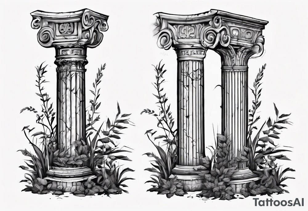 Ancient roman pillar in the Ionian style. It has cracks on it, and on the lower half some overgrown plants. The top part of the pillar has fallen off, to the right side of the pillar, and has the word "OMNIA" inscribed. tattoo idea