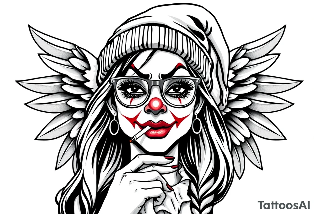 beautiful long hair Clown Girl thug beanie eyeglasses angel wings smoking cigarette tattoo idea