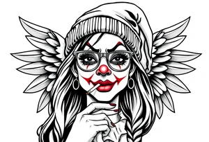 beautiful long hair Clown Girl thug beanie eyeglasses angel wings smoking cigarette tattoo idea