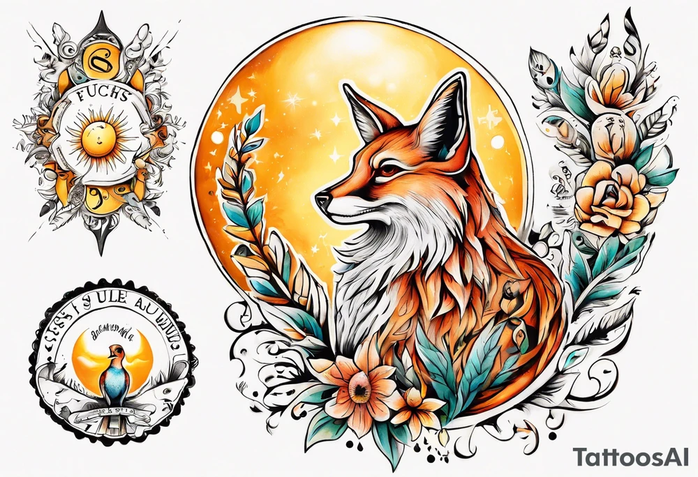 Fuchs und Eule unter der Sonne mit dem Schriftzug Sapere Aude tattoo idea