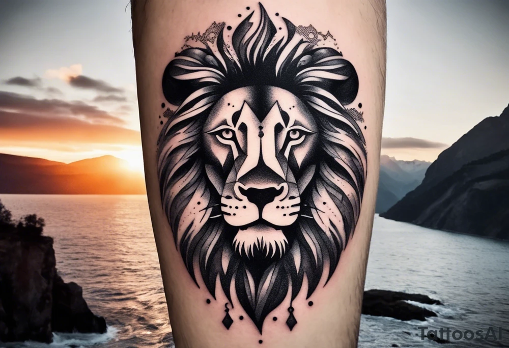 Tattoo in the shape of a lion head with a father and son in the mountains with  a waterfall and cross in the background and a sunset inside of it tattoo idea