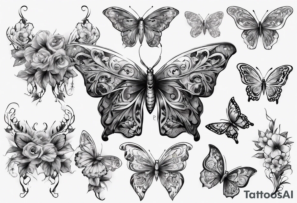 Butterfly wrap tattoos with moon and floral theme tattoo idea