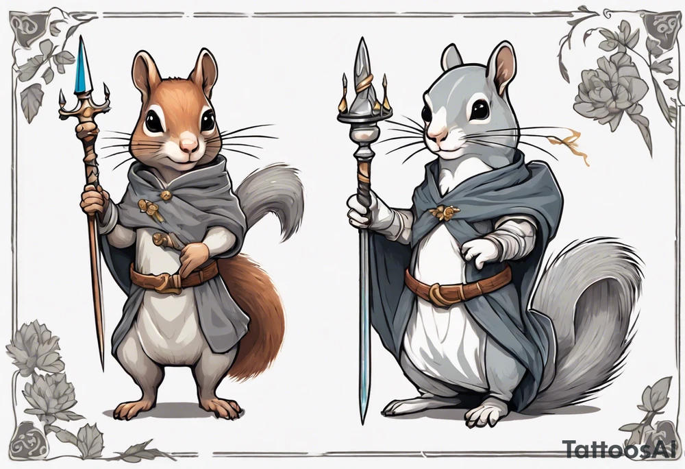 a grey squirrel dressed in a medieval tunic holding a silver unicorn horn spear tattoo idea
