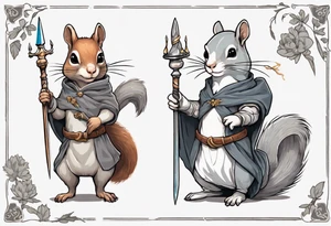 a grey squirrel dressed in a medieval tunic holding a silver unicorn horn spear tattoo idea