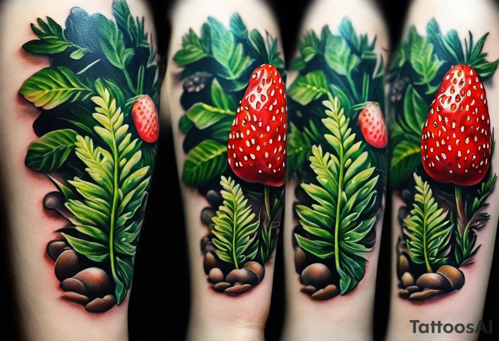 forest floor inspired realistic tattoo, which includes grass, curly ferns and dead leaves as the bulk of the tattoo. details to include: three very tiny strawberries, couple of VERY small mushrooms, a tiny bumblebee flying nearby tattoo idea