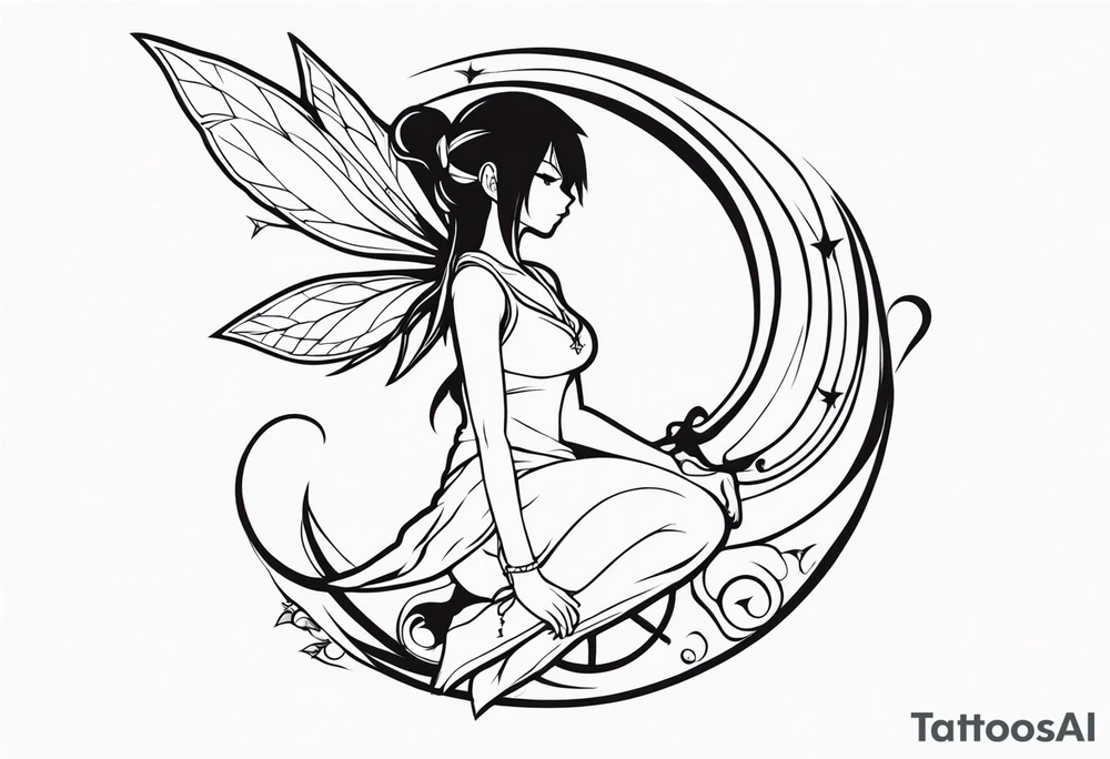 No color fairy with a tail inspired by the guild symbol in the anime show called Fairy Tail in a fetal position leaning in and forward while crawled in tattoo idea