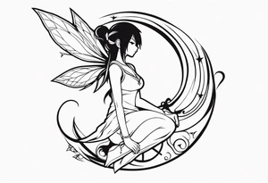 No color fairy with a tail inspired by the guild symbol in the anime show called Fairy Tail in a fetal position leaning in and forward while crawled in tattoo idea