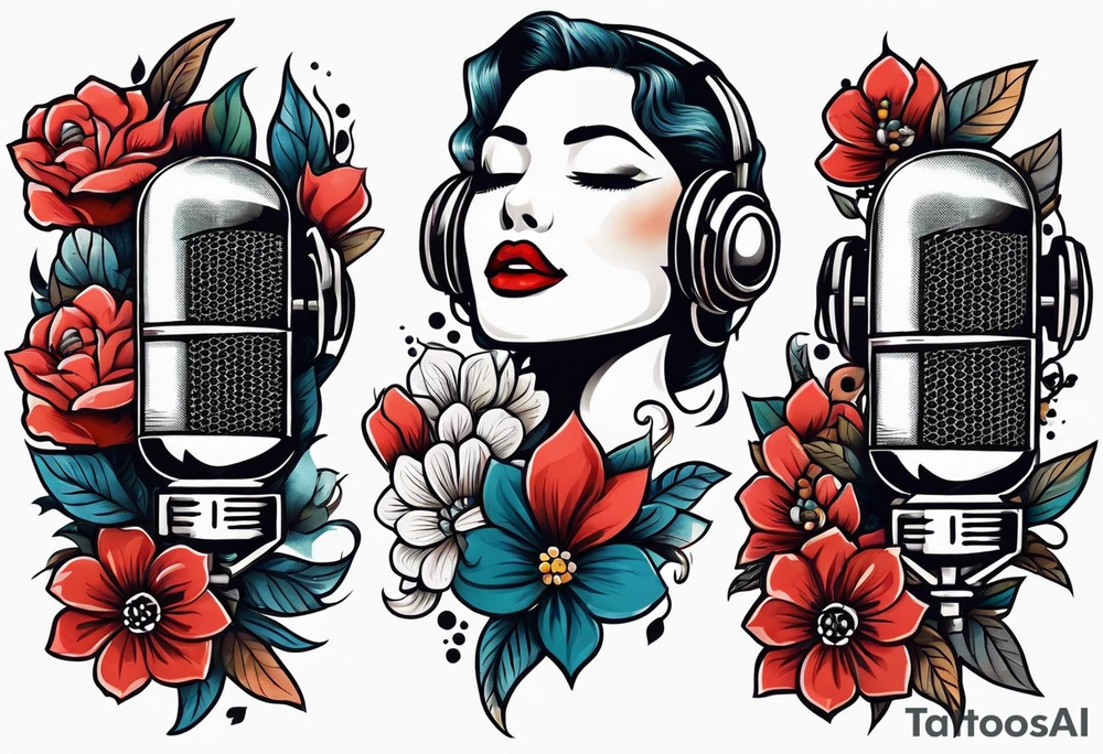 traditional vintage tattoo of mouth singing in microphone simple  flowers and banner
no face tattoo idea