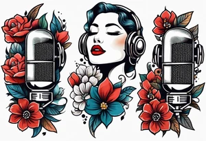 traditional vintage tattoo of mouth singing in microphone simple  flowers and banner
no face tattoo idea