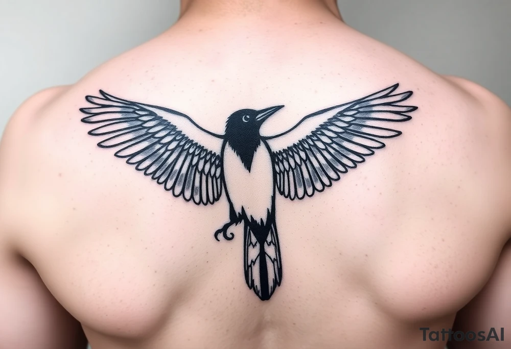 Magpie with spread wings looking over it's shoulder tattoo idea