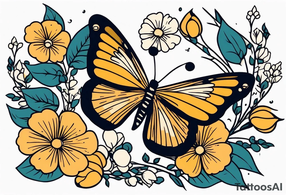 butterfly 
with flowers around it vintage old school traditional tattoo idea