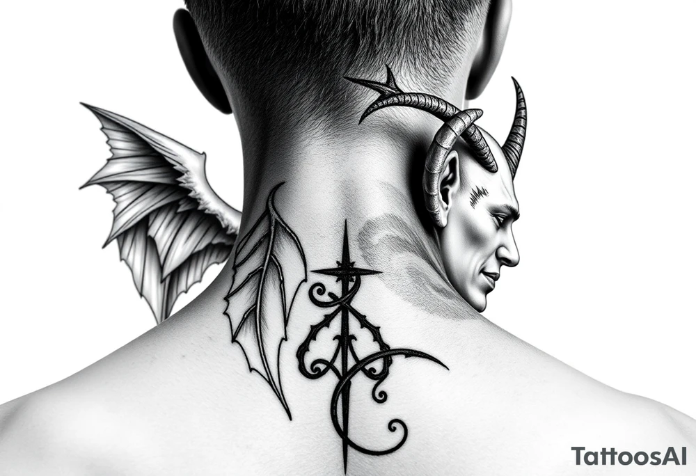 position behind the neck Angel (on the right) whispering in the right ear, demon (on the left) whispering in the left ear. It must be as realistic as possible. tattoo idea