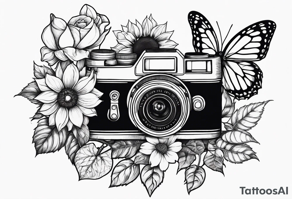 Flower : rose , sunflower, camera, small butterfly tattoo idea