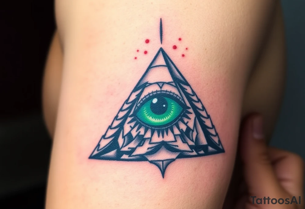 A Pyramid with an All-Seeing Green Eye at the Top (only red , blue and black are possible colors) tattoo idea