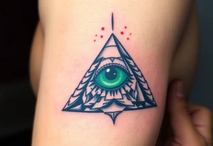 A Pyramid with an All-Seeing Green Eye at the Top (only red , blue and black are possible colors) tattoo idea