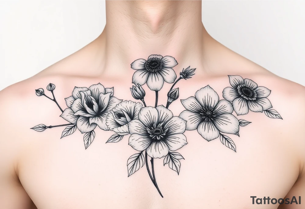 January, February ,October and August flowers chest tattoos women 4 different flowers tattoo idea