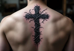 A detailed inverted cross with thorny vines wrapping around it, darkened with black ink and deep purple shadows, symbolizing struggle and resilience. tattoo idea