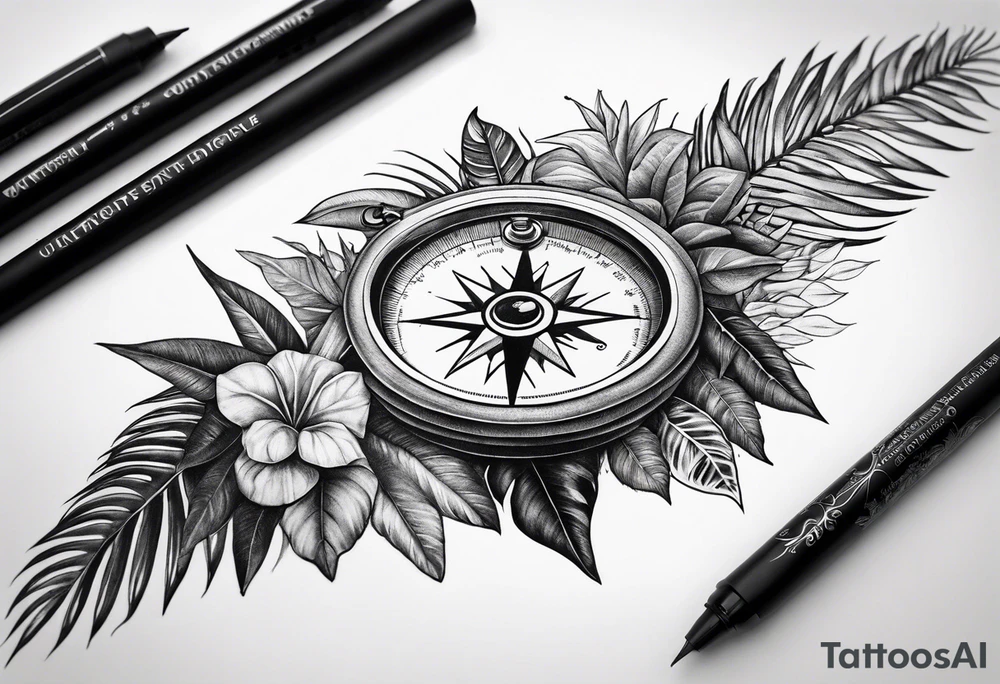 sleeve, jungle plants, compass, all-seeing eye tattoo idea