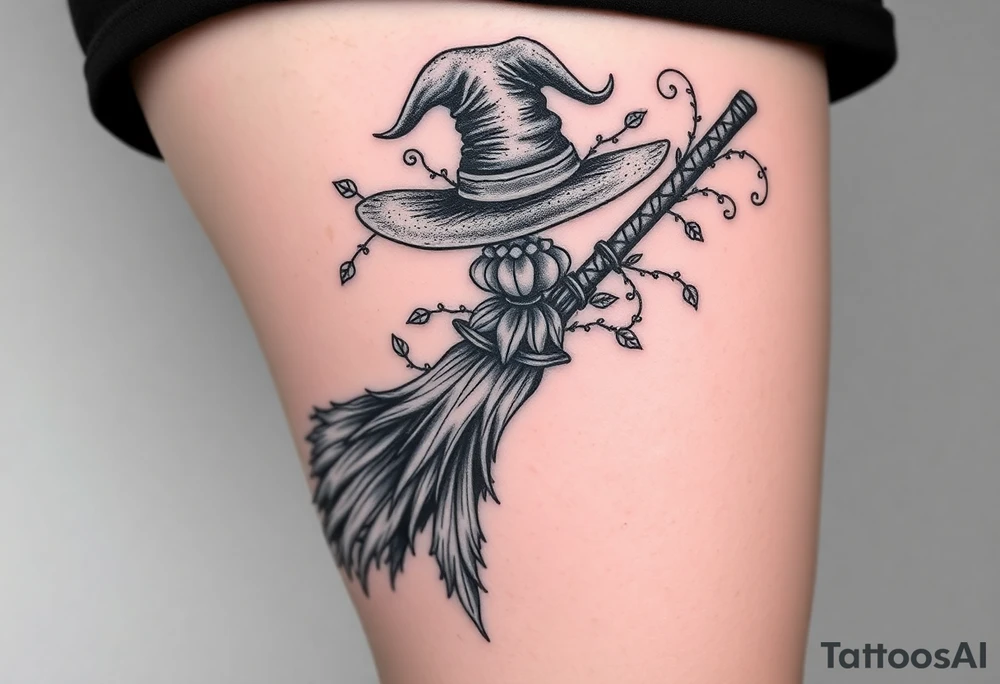 Which is broom with handle
 a witches hat with vines and feathers 
Smaller broom with hat placed on top or in the middle
Feminine and on a leg tattoo idea