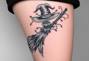Which is broom with handle
 a witches hat with vines and feathers 
Smaller broom with hat placed on top or in the middle
Feminine and on a leg tattoo idea