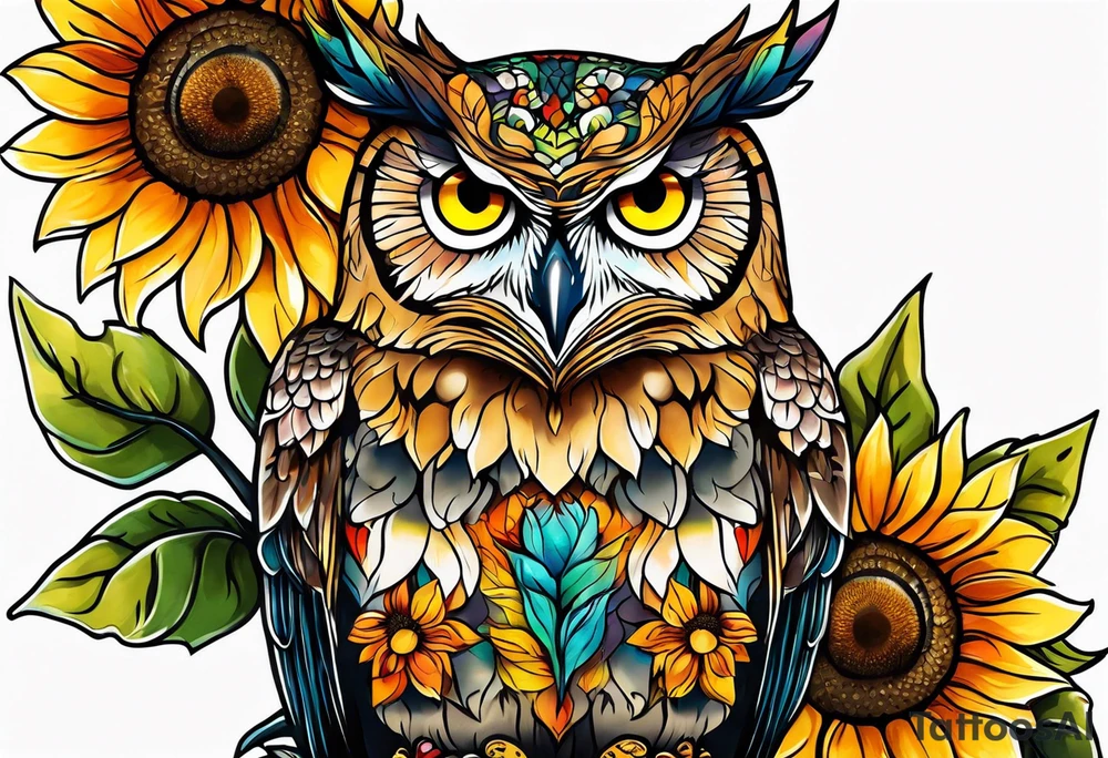 Leg sleeve with colorful sunflowers and an owl tattoo idea