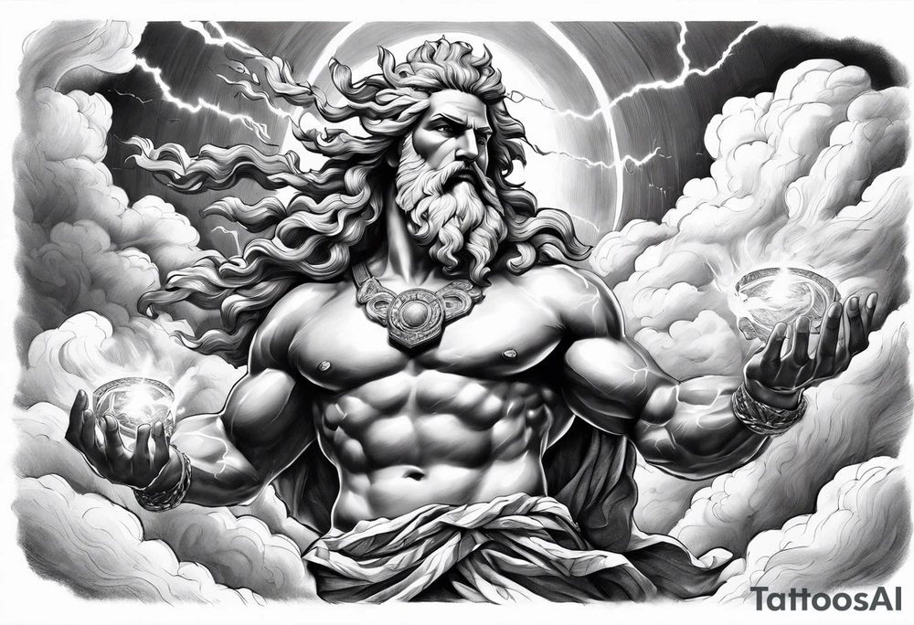 Zeus with Lightning in hands in the clouds tattoo idea